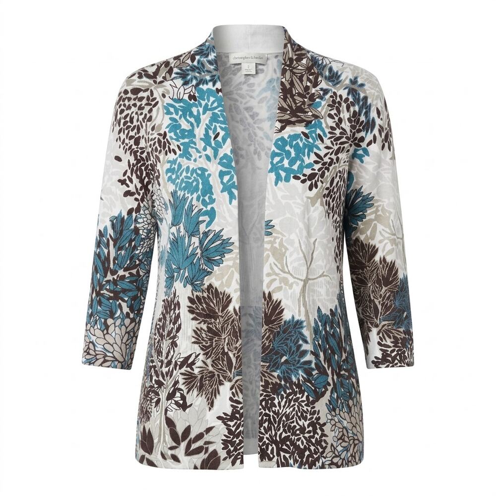 Christopher & Banks Floral Leaf Print 3/4 Cardigan Sweater Women Size S